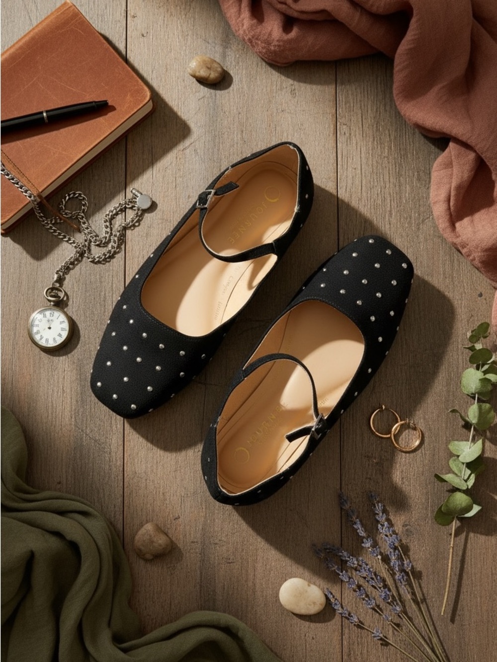 Studded Black Mary Jane Flats - Women's Elegant Ankle-Strap Shoes